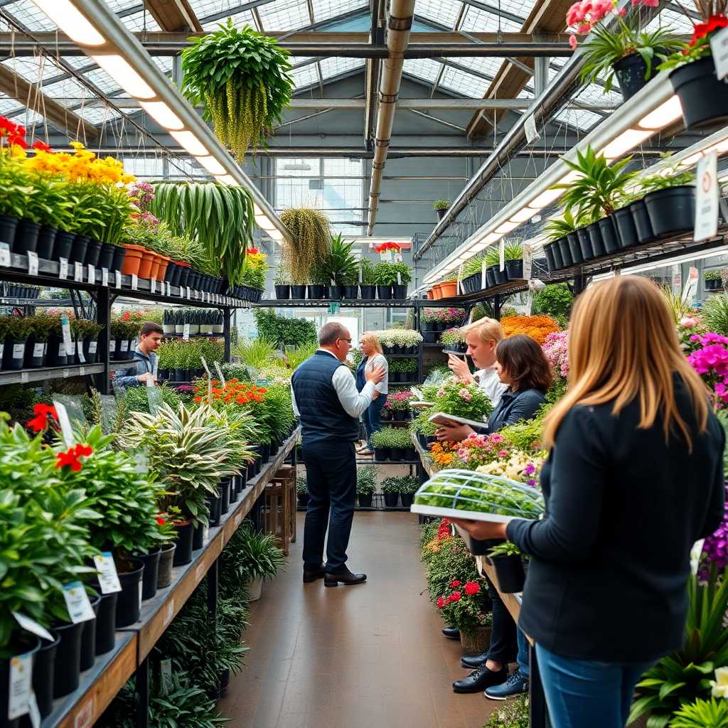 A busy nursery shop with staff managing customer inquiries