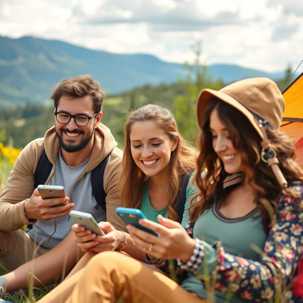 Happy campers using mobile devices in a picturesque setting.