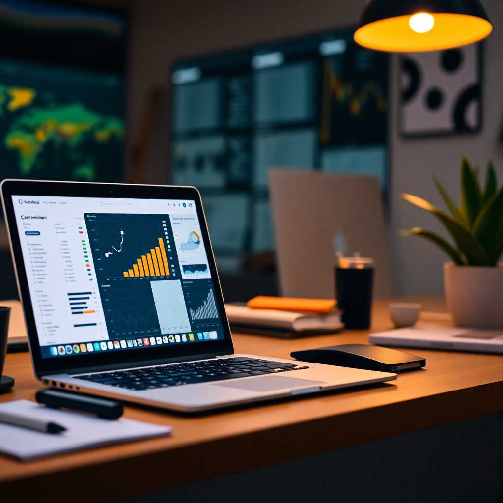 Desk with open laptop showing communication analytics dashboard