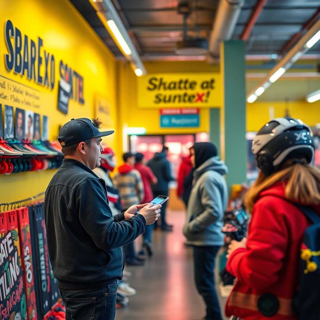Skate rental shop employee assisting a customer with text notifications.