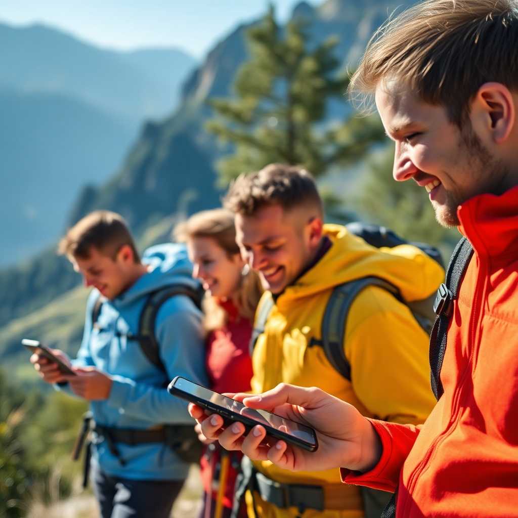 Happy group of hikers using smartphones to check tour confirmations