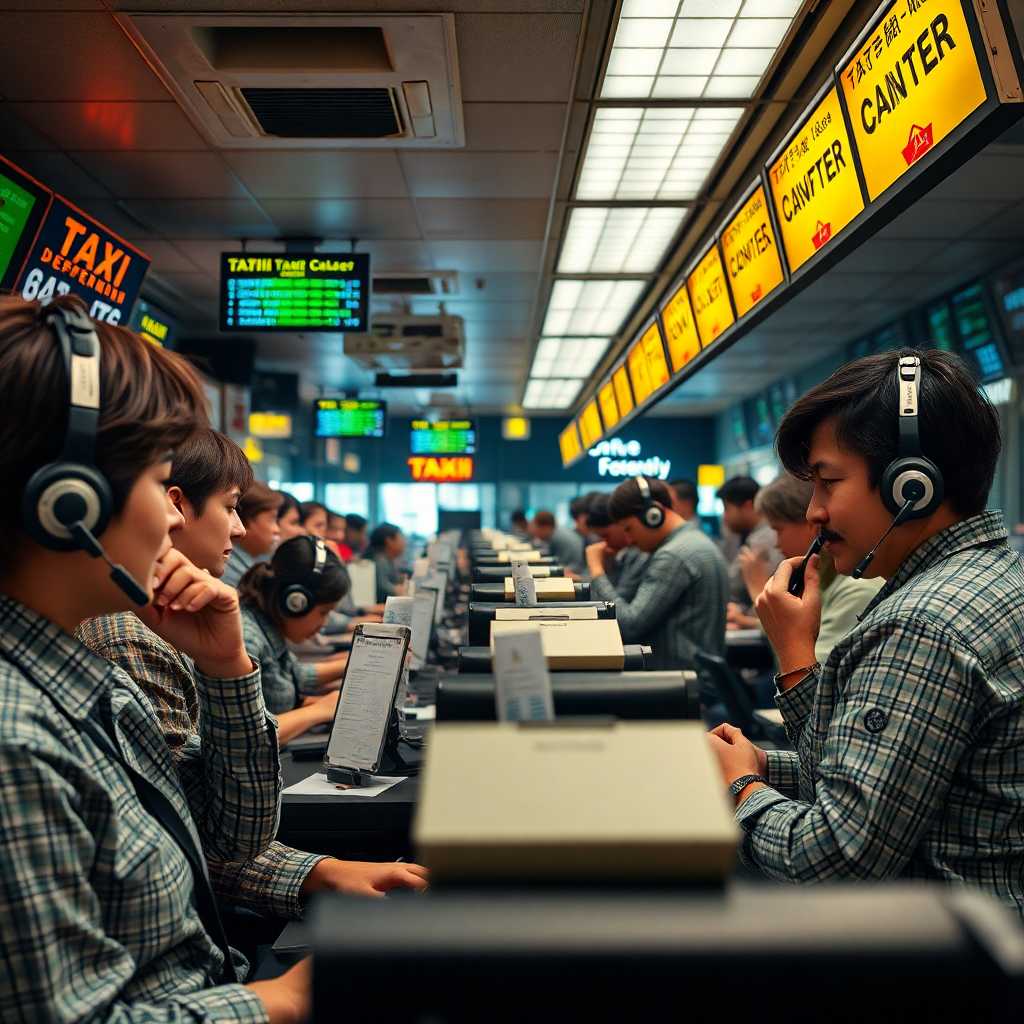 A bustling taxi dispatch center filled with operators answering calls and messages