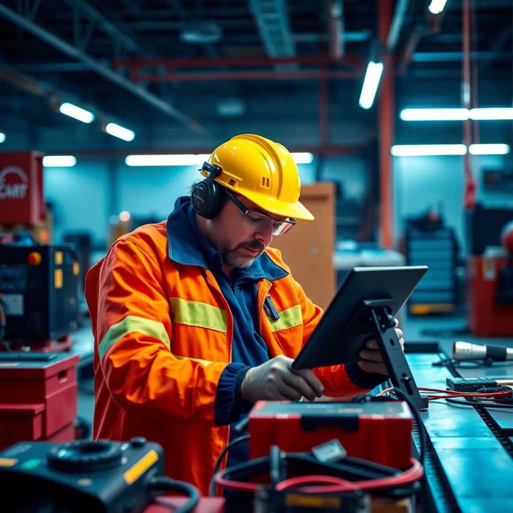 A technician multitasking on a job with digital tools helping out.