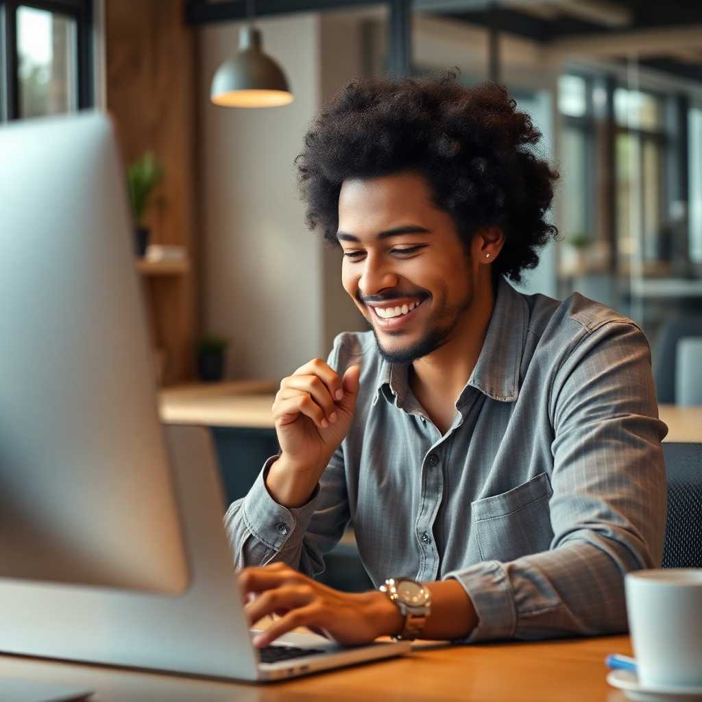 Relieved business owner smiling while checking SMS responses on a desktop