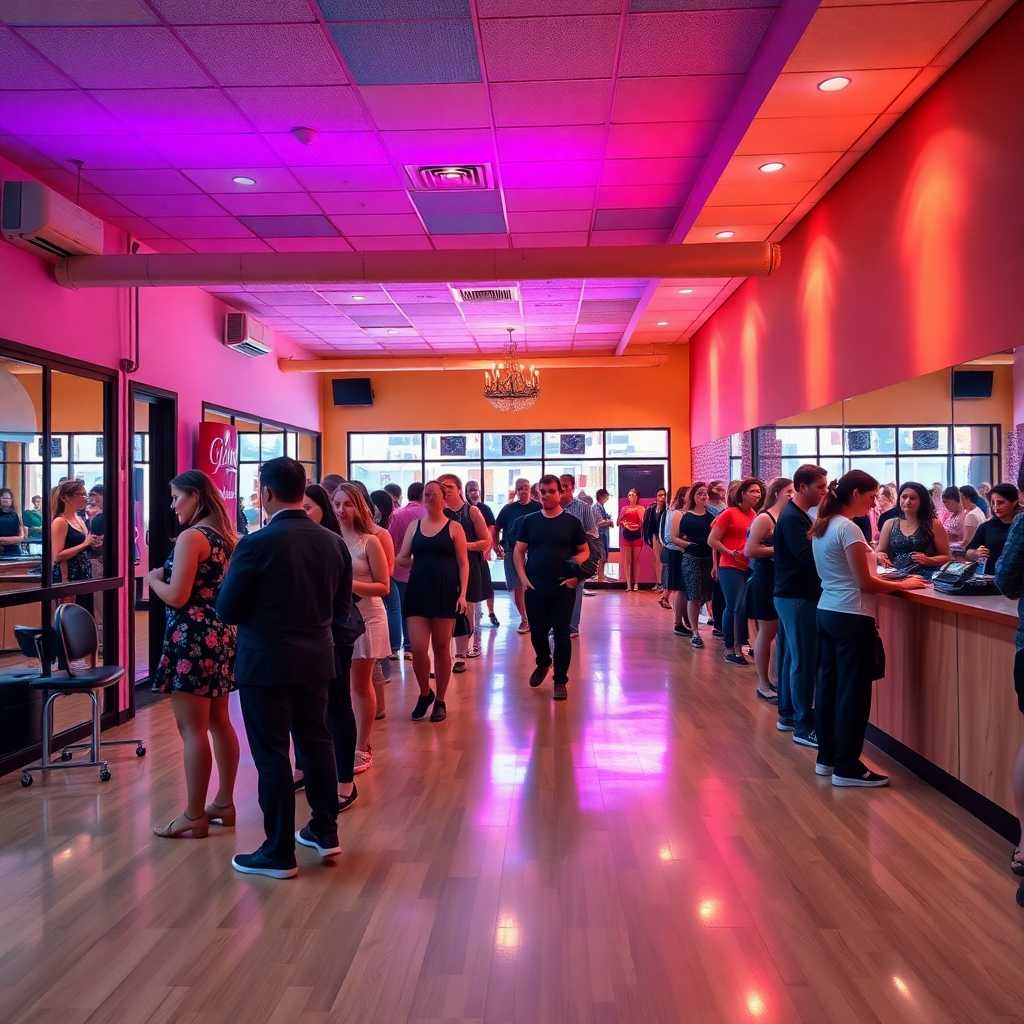 Busy dance studio with customers lining up at the reception.