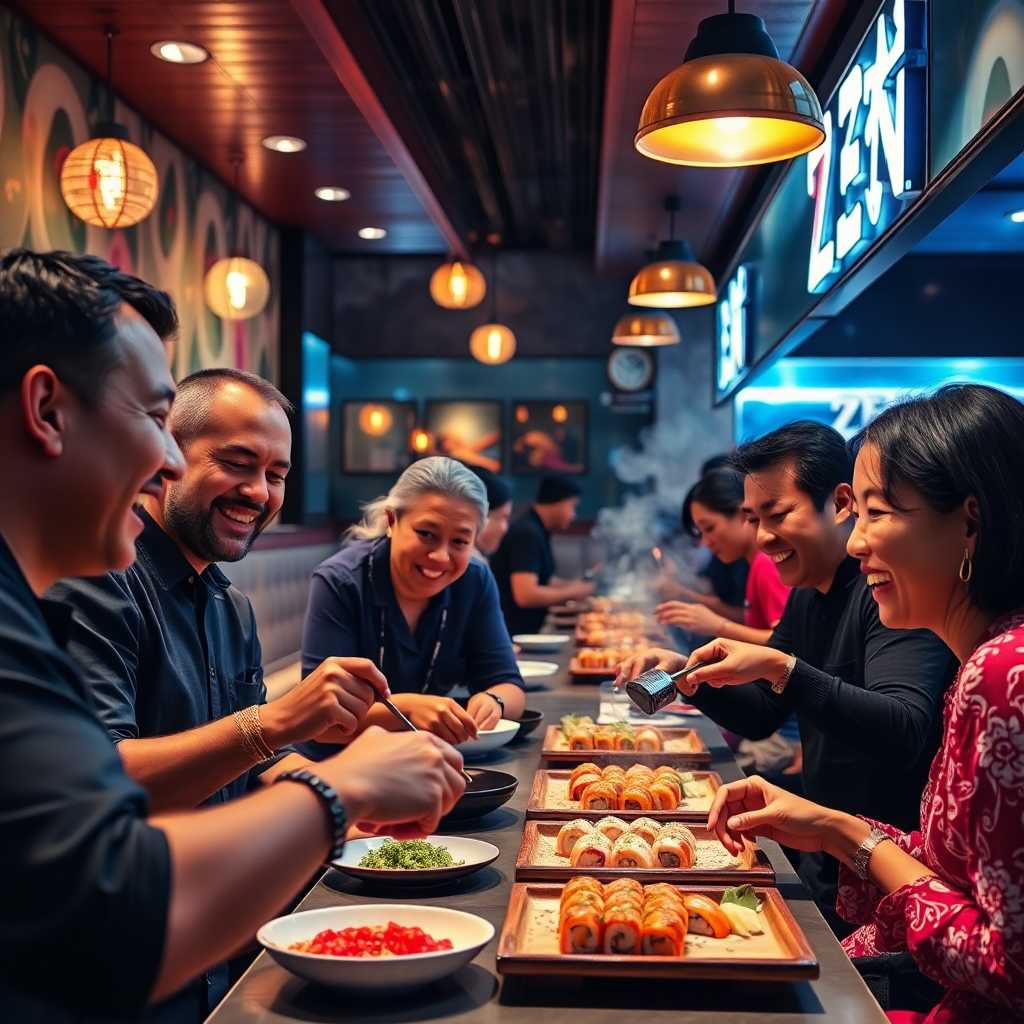 Happy patrons enjoying freshly made sushi at Zen Sushi.