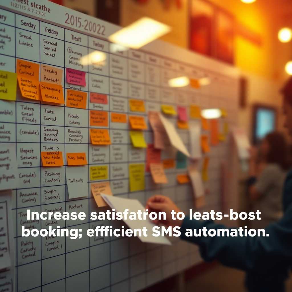 A filled-up schedule with notes. Caption: Increase satisfaction and boost bookings through efficient SMS automation.