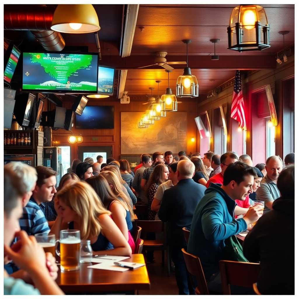 Busy brewpub during peak hours, representing communication challenges.