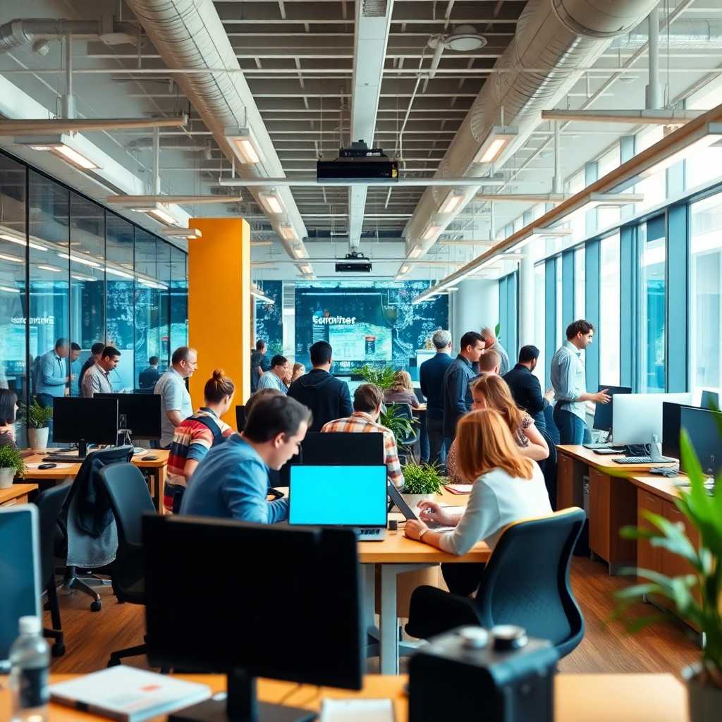 A vibrant office bustling with clients and texts