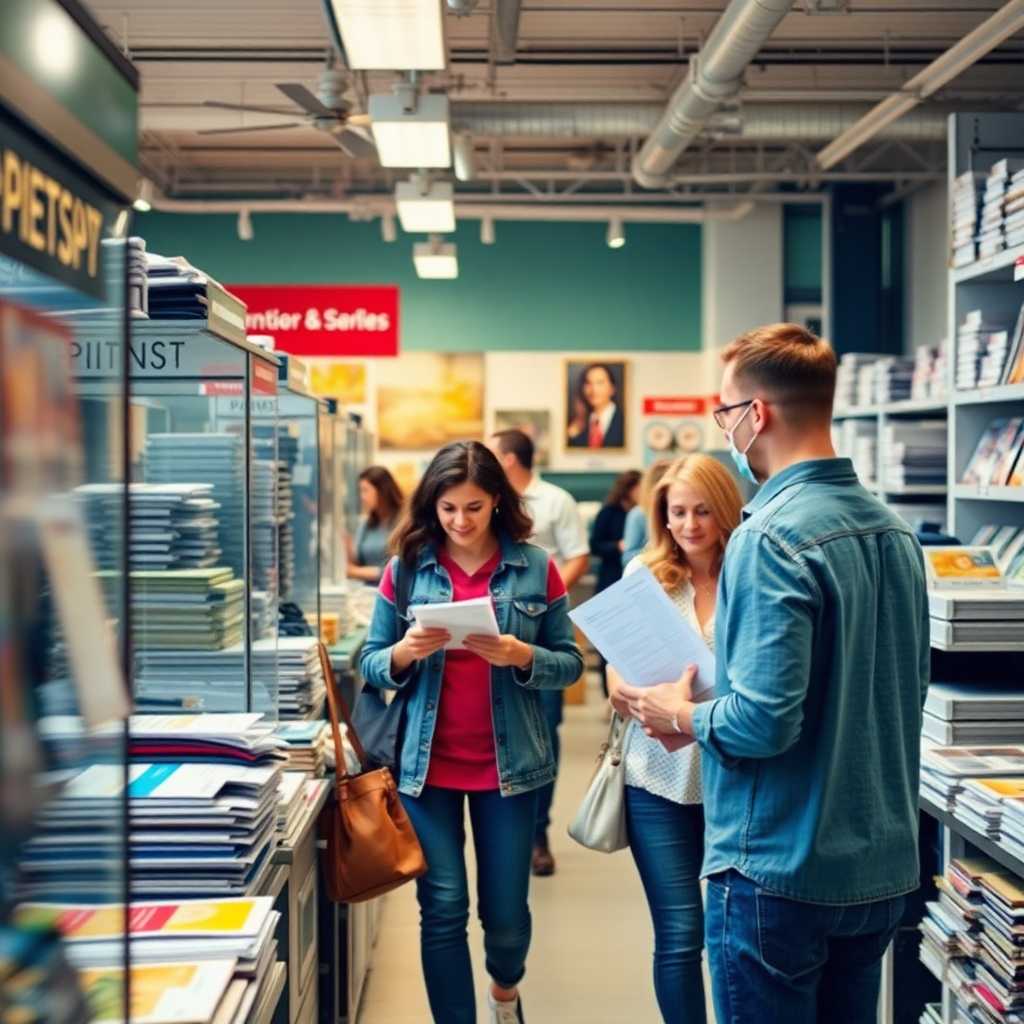 Customers browse a bustling print shop, order forms in hand.