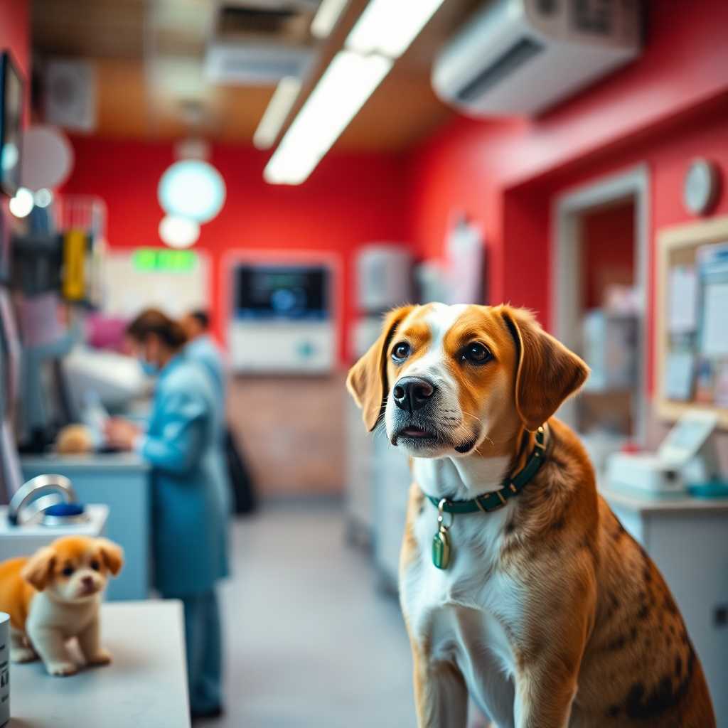 A bustling pet clinic with a streamlined text notification system in action.