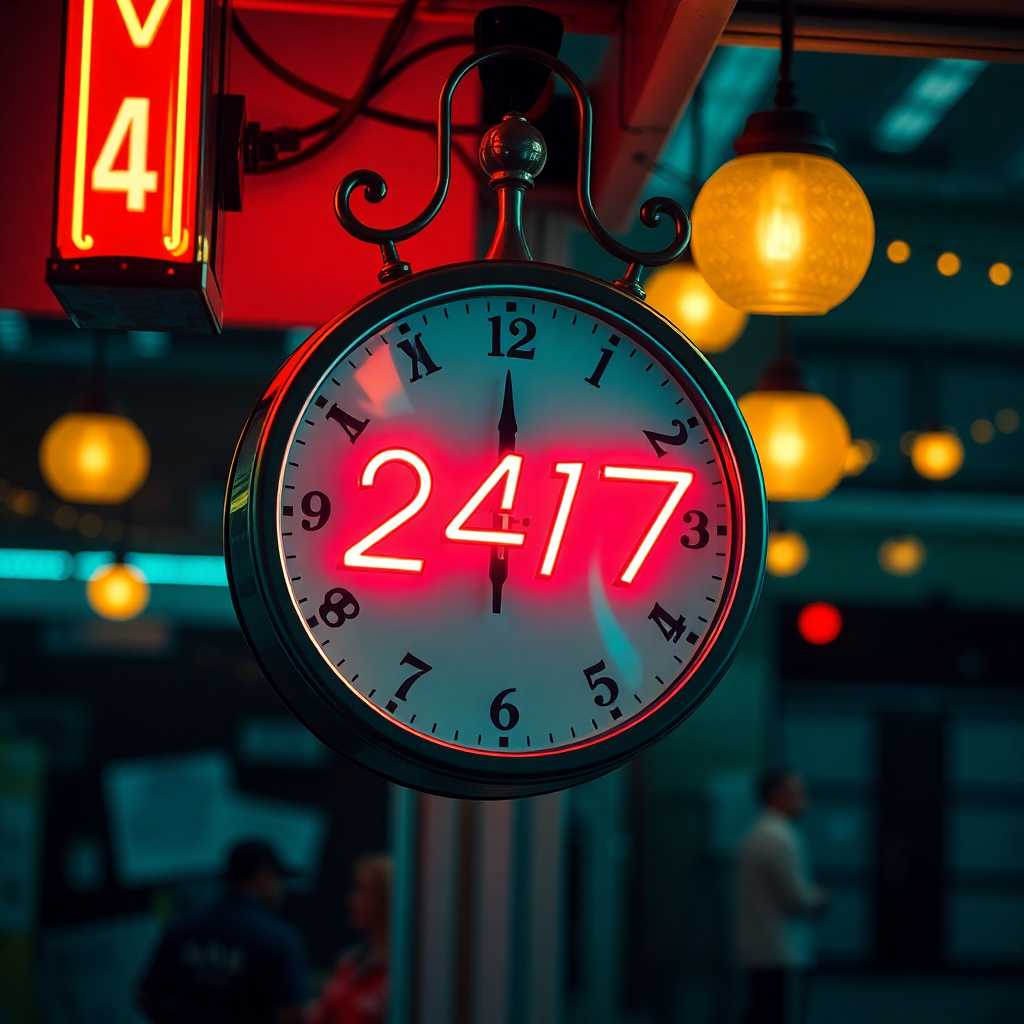 A clock with an open sign indicating 24/7 availability