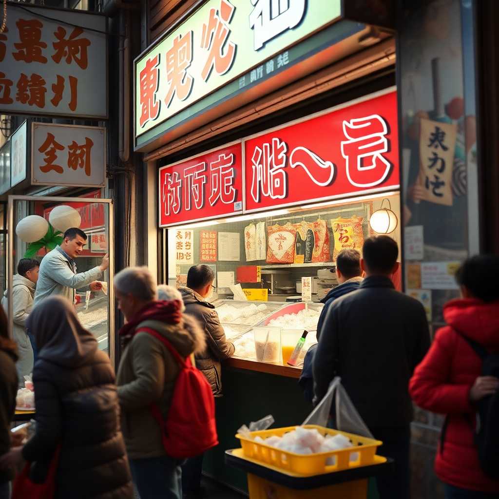 Bustling storefront with customers ordering ice.