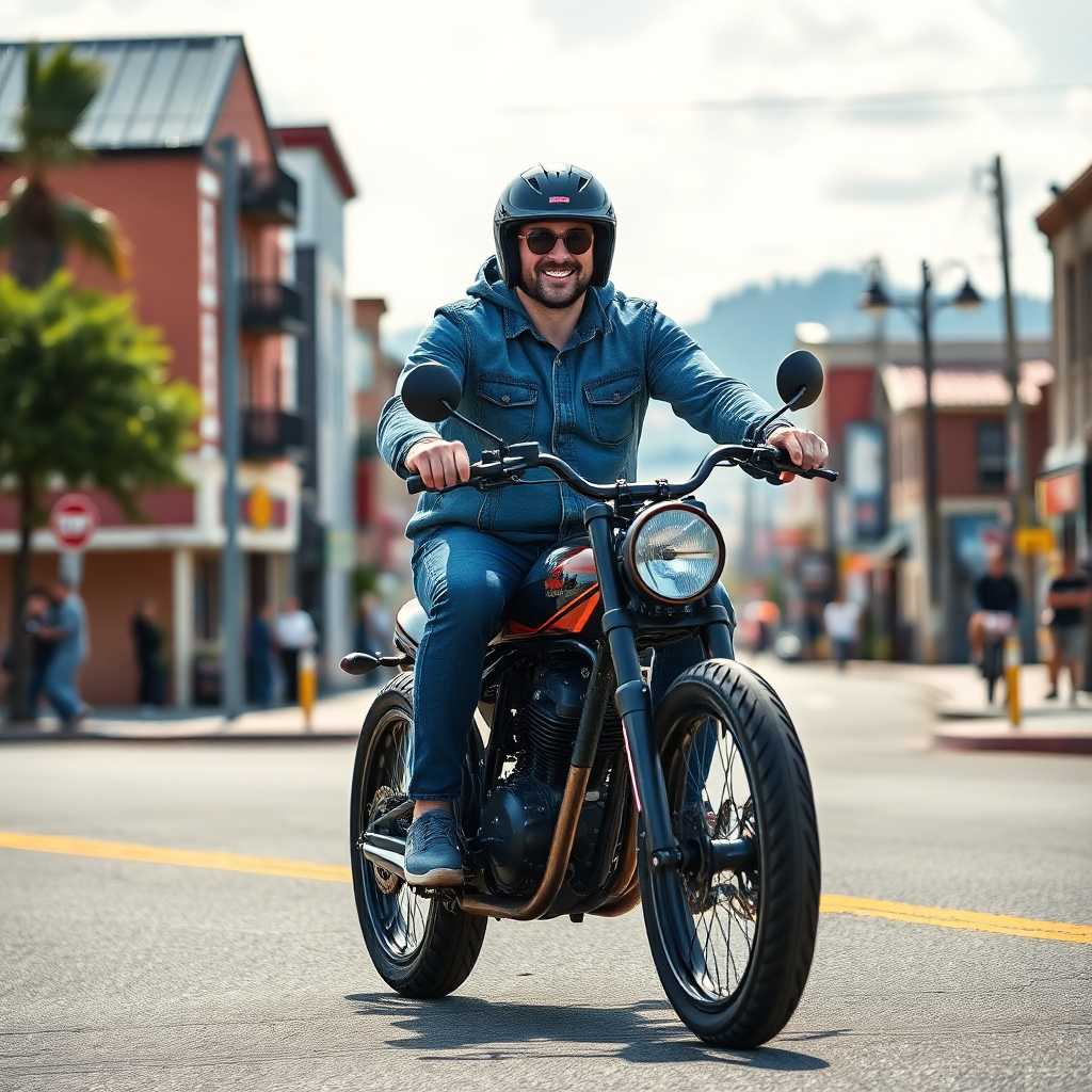A satisfied customer riding a custom-built bike down a local landmark