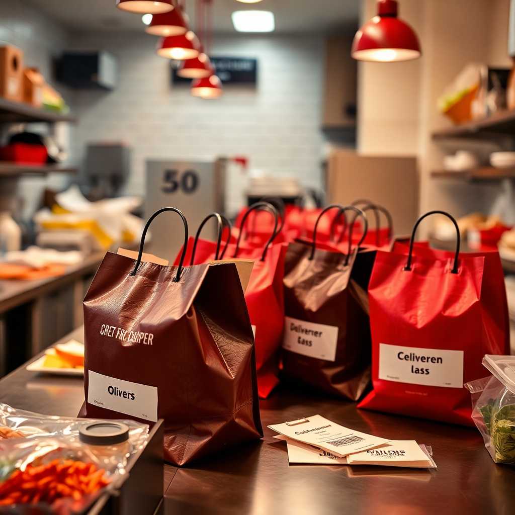 Close-up of an order table in the kitchen, showing seamless prepping of multiple orders with delivery bags labeled for the correct customers.