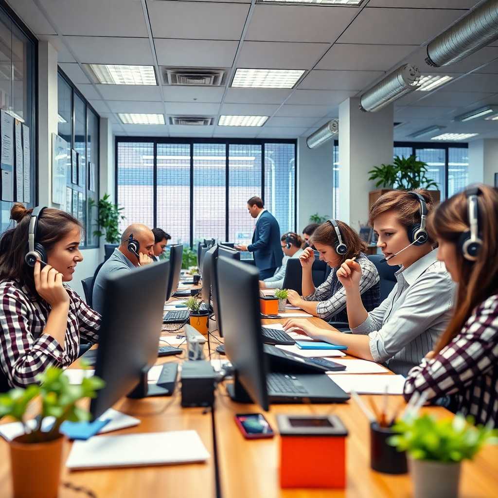 A bustling fence company office with staff managing calls and emails.