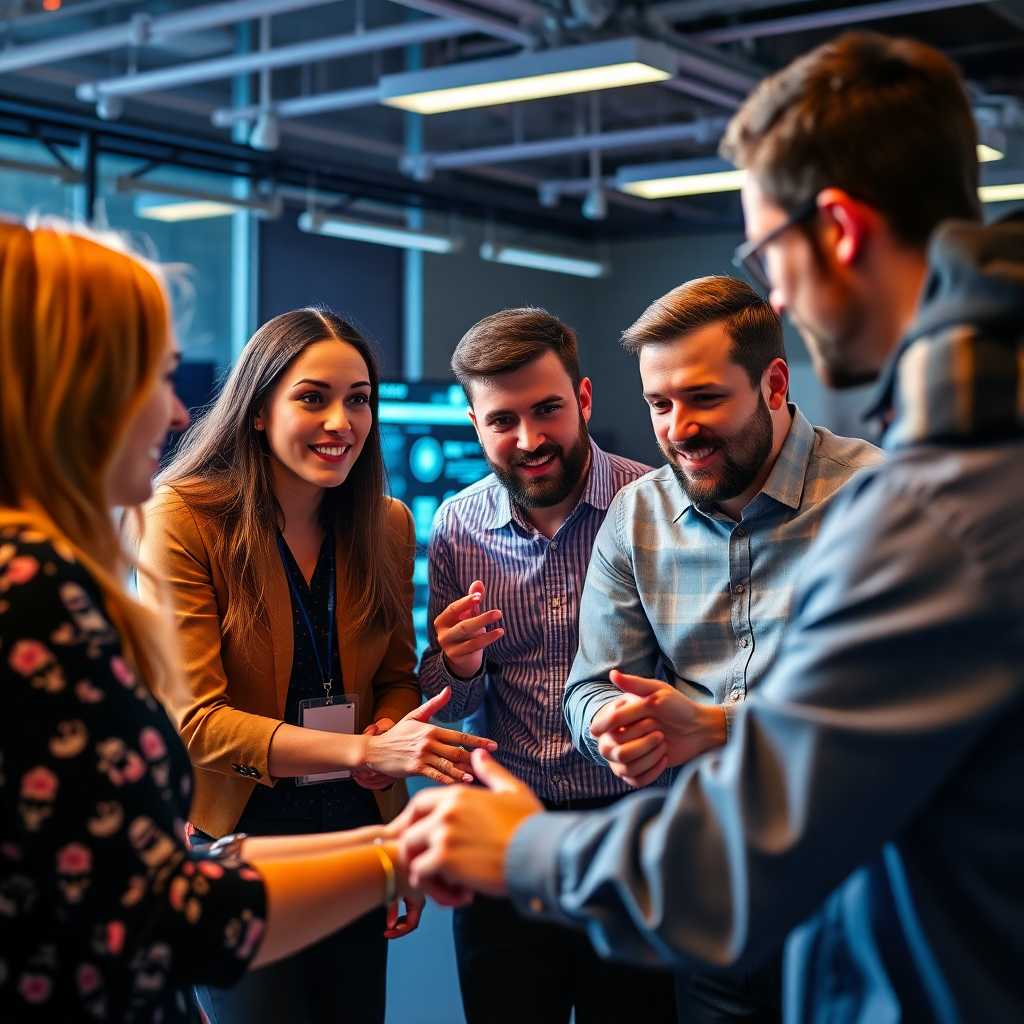 A group of IT training professionals discussing strategy, showcasing teamwork.