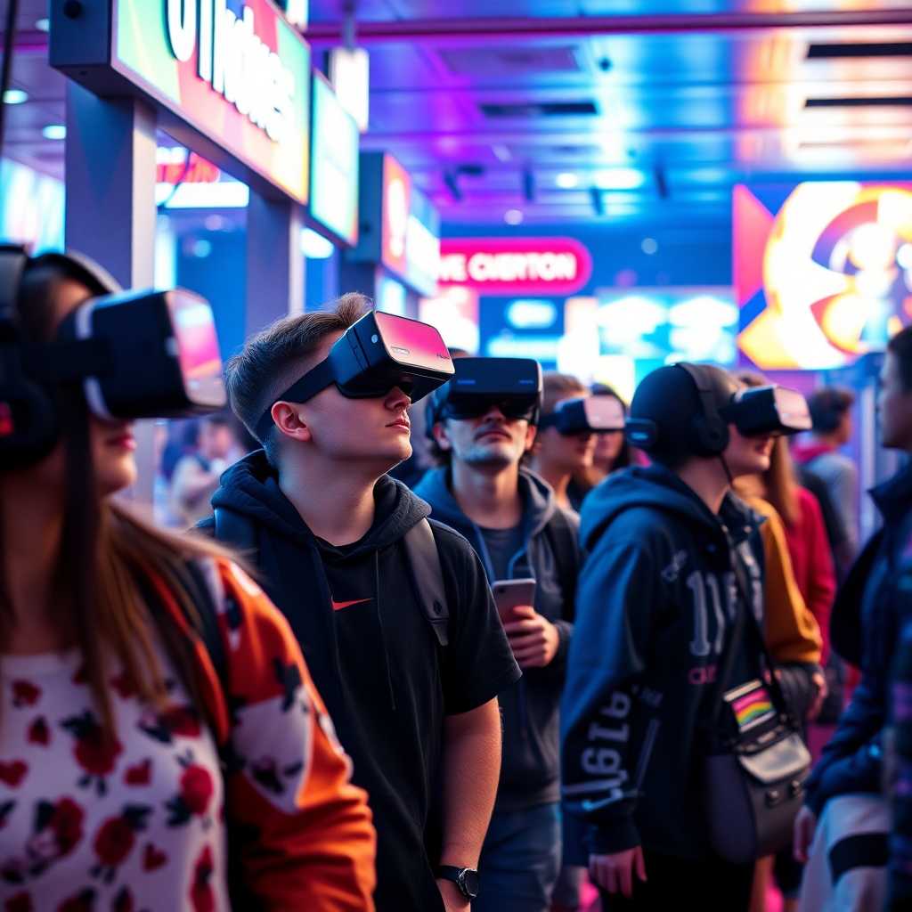 A bustling VR arcade with a line of eager customers