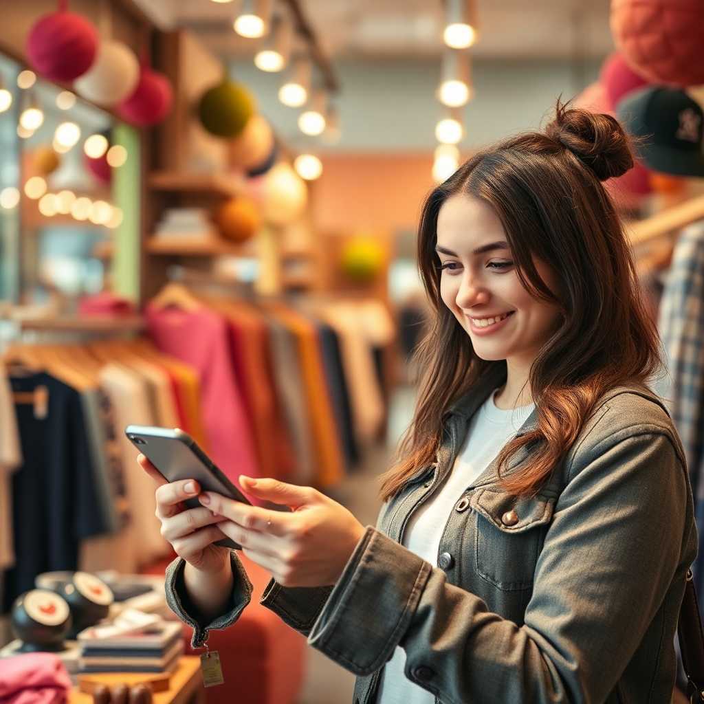 Smiling Pop-Up Retail owner texting customers from her mobile device.