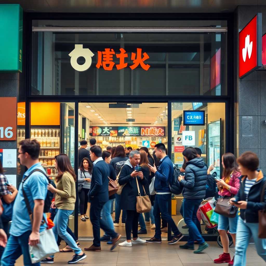 Busy storefront with customers buzzing around, phones in hand