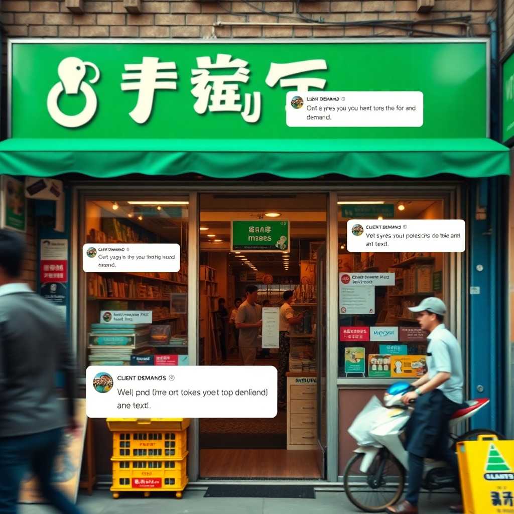 A bustling storefront with incoming SMS notifications, representing client demands.