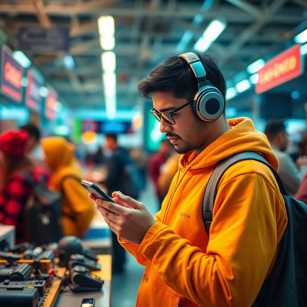 Customer browsing gear information on phone