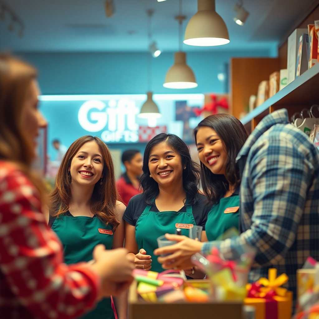 Happy Gift Shop employees interacting with satisfied customers.