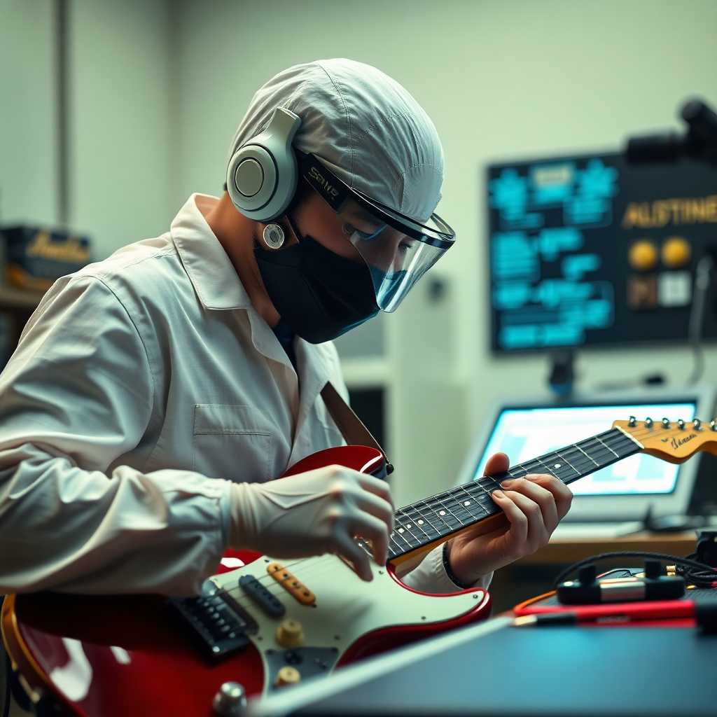 Technician using SMS portal effectively while working on a guitar