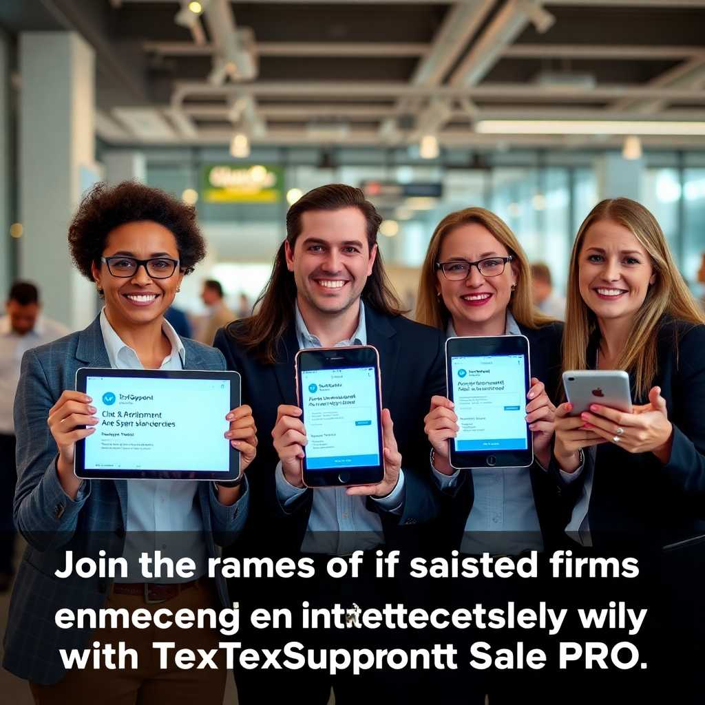Happy clients holding digital devices showing appointment confirmations. Caption: Join the ranks of satisfied firms enhancing client interactions effectively with TextSupport Sales PRO.