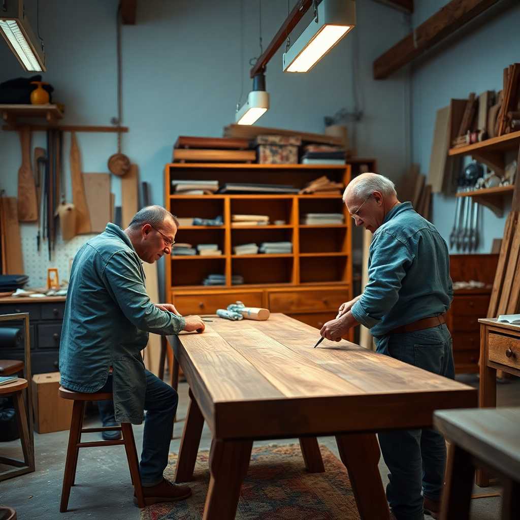 Custom furniture artisans at work crafting a bespoke piece