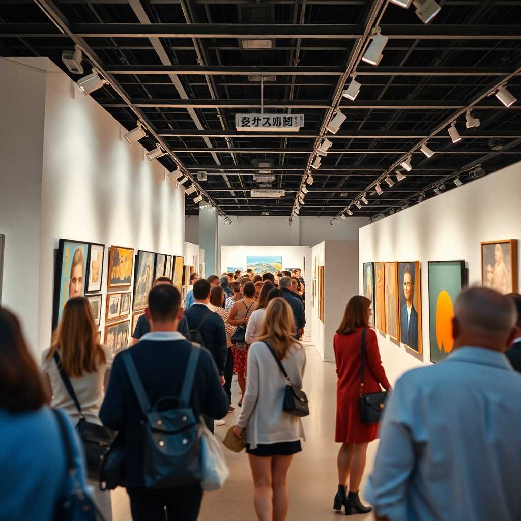 A busy art gallery exhibition with incoming text messages