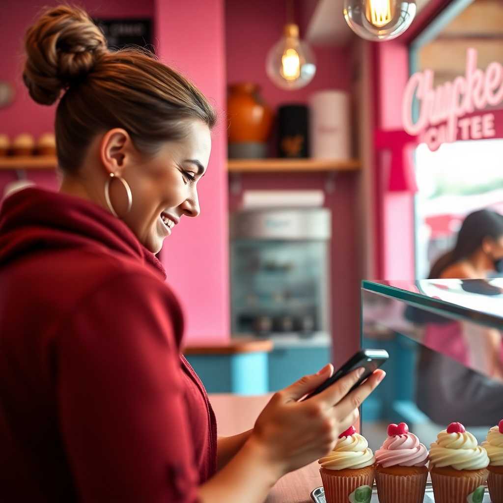 Customer happily texting a cupcake shop