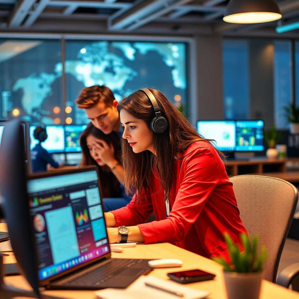 Team of employees managing communications on desktop