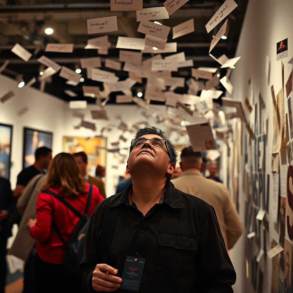 A gallery owner overwhelmed with messages during an art exhibit.