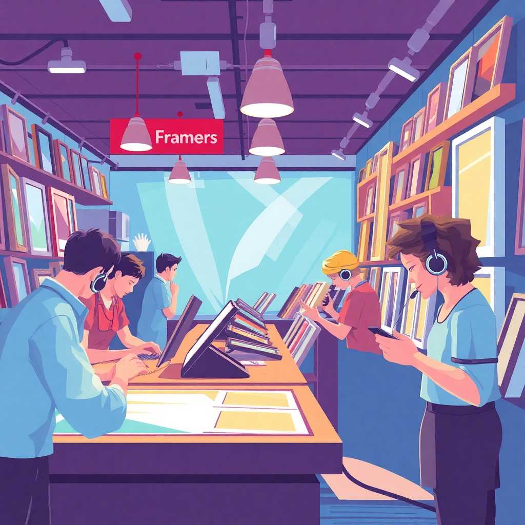 Illustration of a bustling frame shop counter with buzzing phones