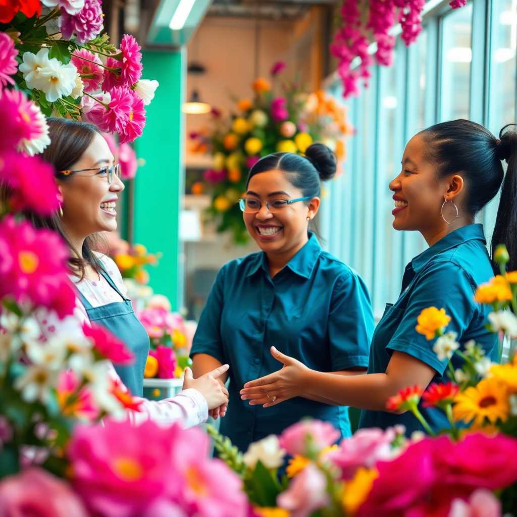 Employees joyfully assisting customers amid florals, underscoring optimized customer service.