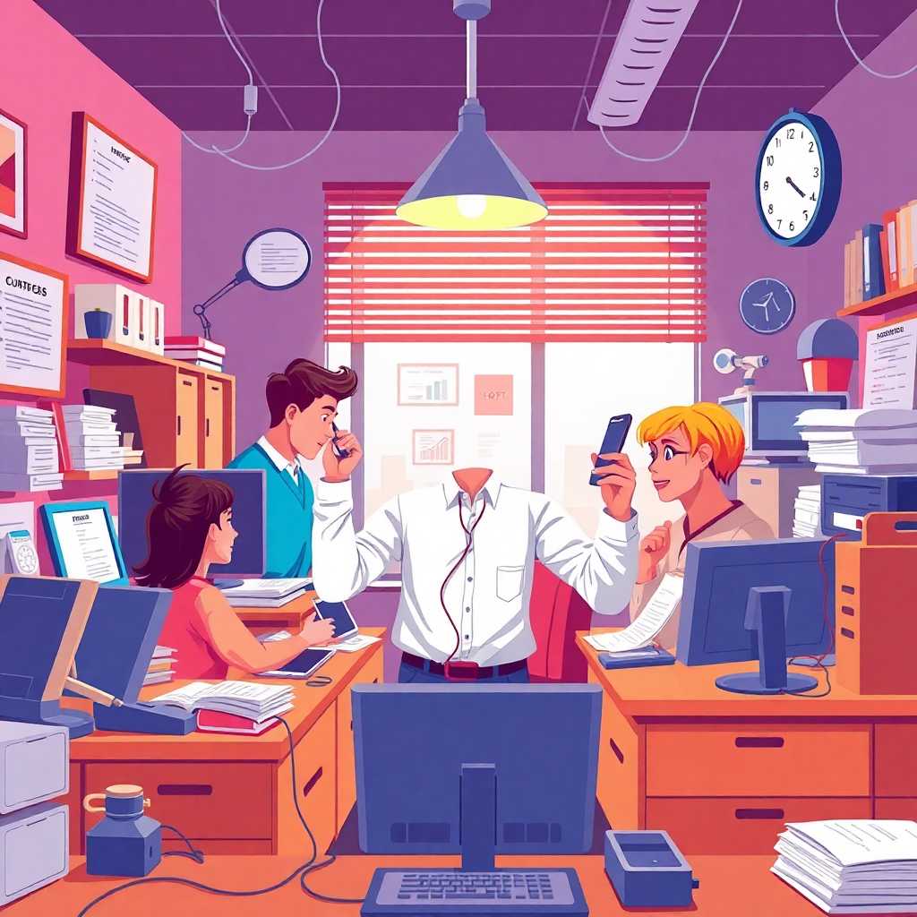 Illustration of a hectic Home Organization Consultant office with phones ringing and texts coming in