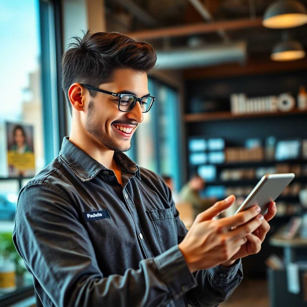 Happy business owner reviewing customer text interactions on a tablet
