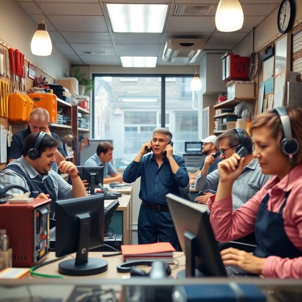 A bustling handyman office, with phones ringing and employees on calls.