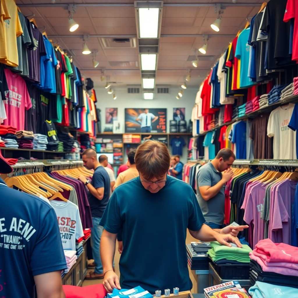 A bustling Custom T-Shirt Store with distracted staff handling multiple queries
