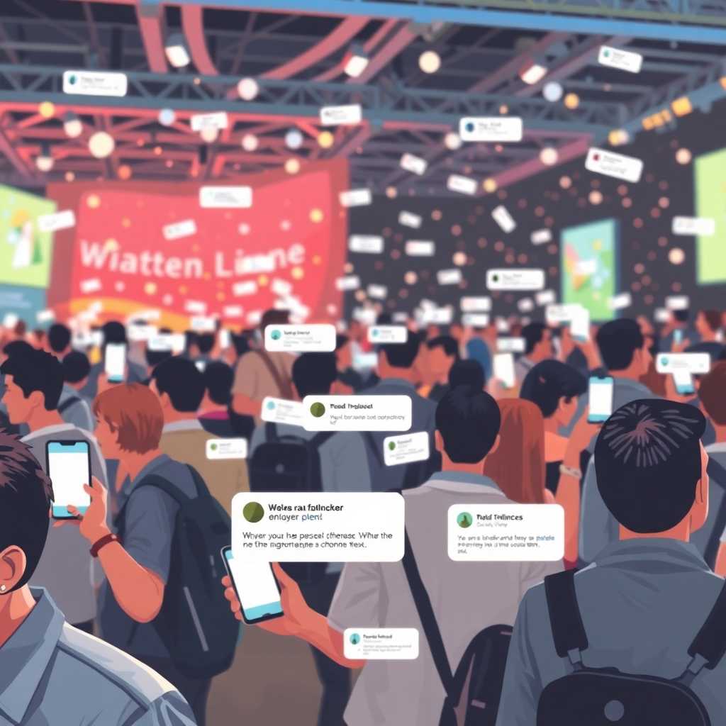 Illustration of a busy event setting with numerous incoming SMS notifications