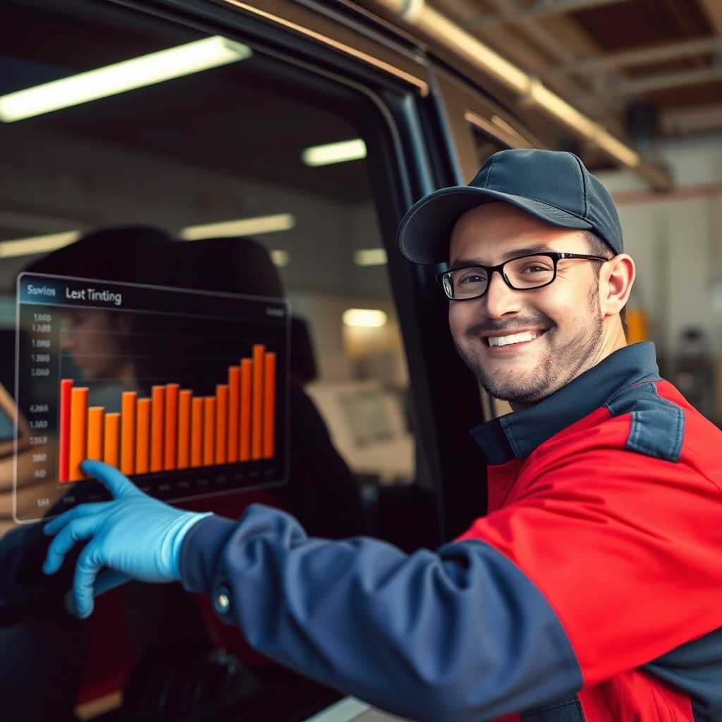Happy window tinting technician using TextSupport dashboard