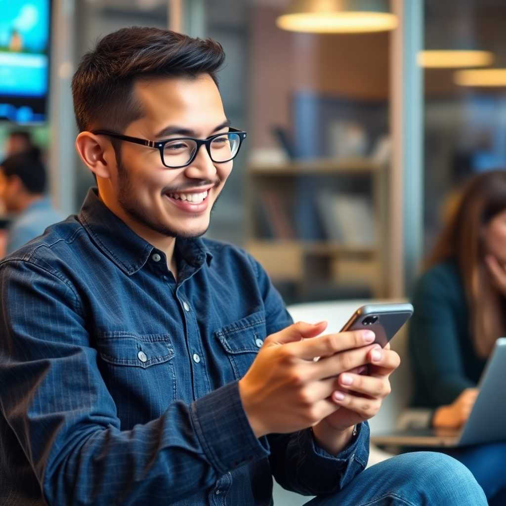 Happy IT training center student successfully enrolling through a mobile platform. Captions hint at facile user experience with prompt engagements.