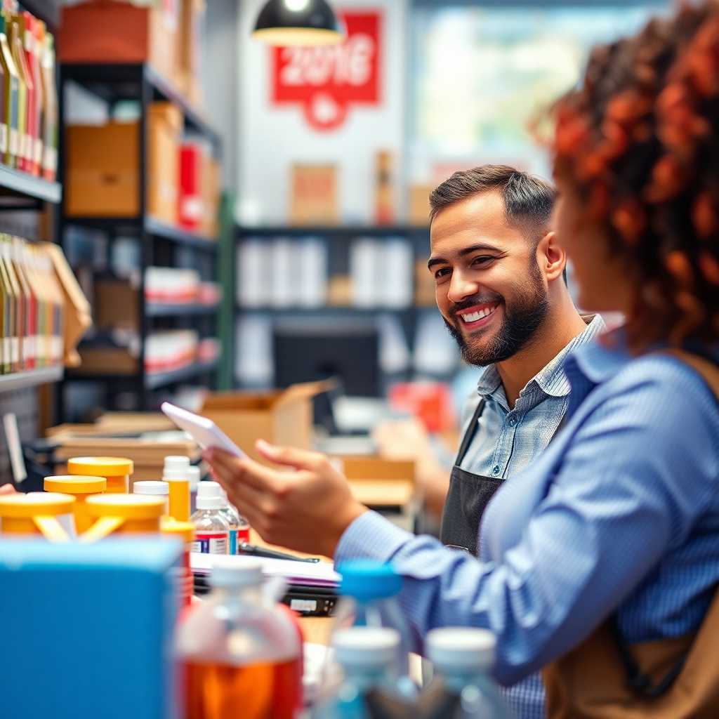 Business owner reviewing customer queries with a smile, surrounded by products