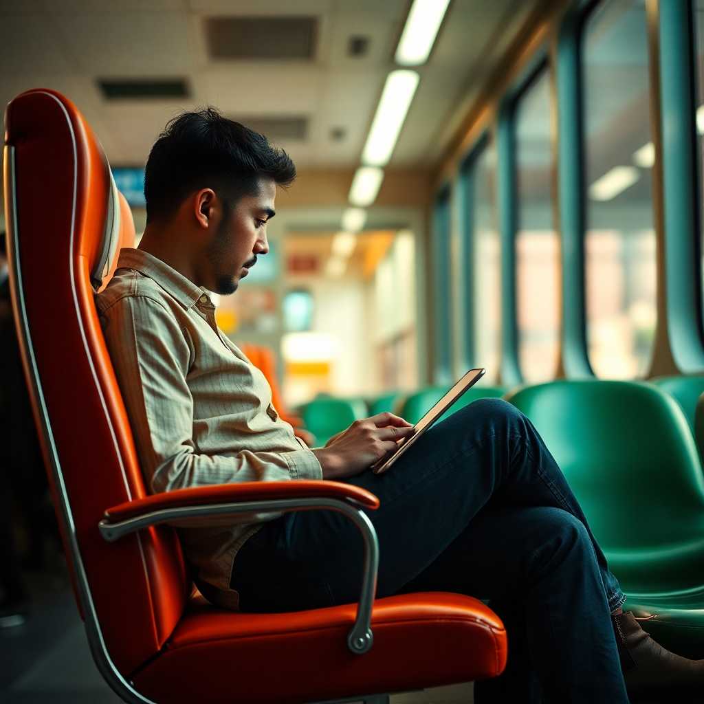 Customer texting on a chair