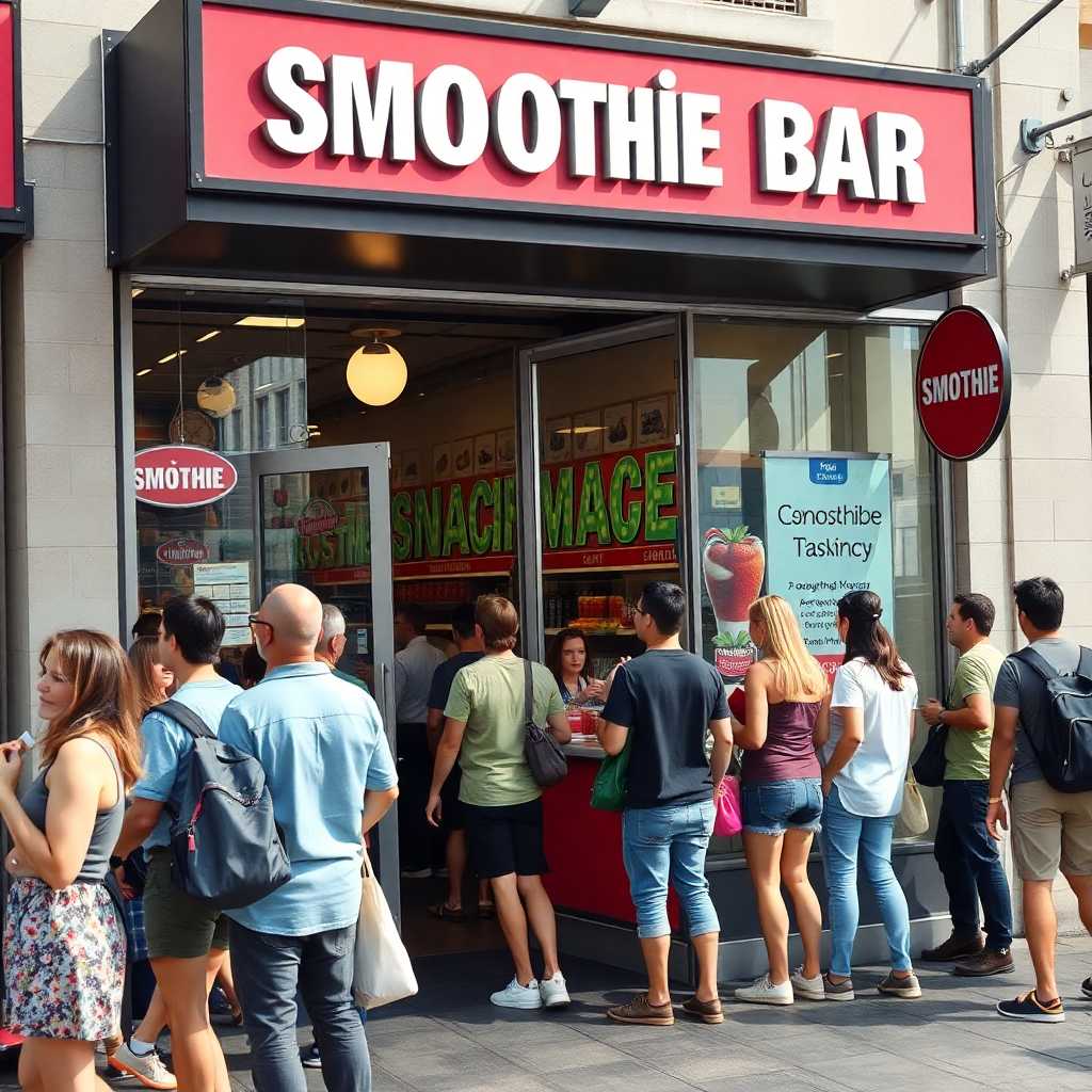 A bustling Smoothie Bar storefront full of eager customers