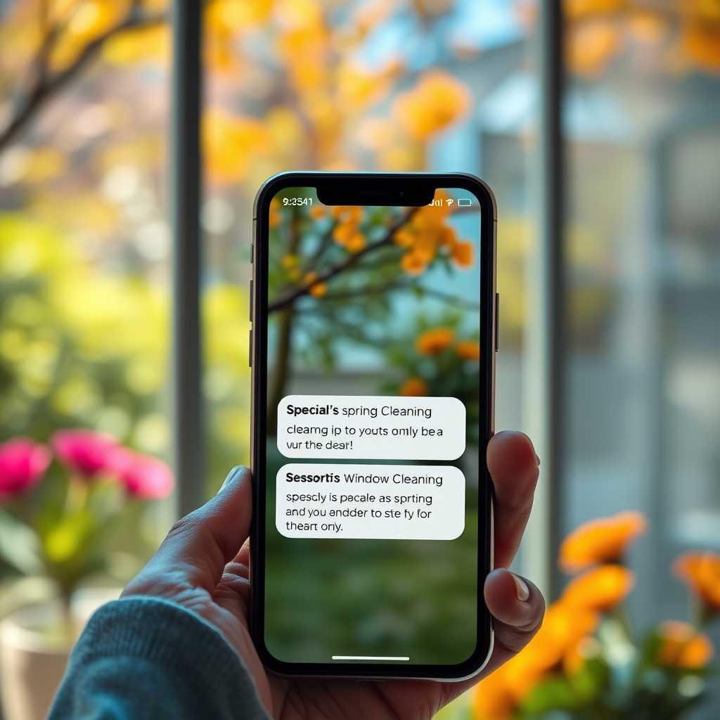 A promotional SMS on a customer’s phone showcasing special spring window cleaning discounts.