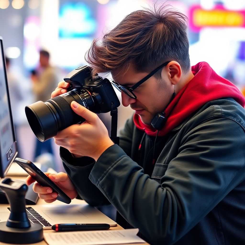 Photographer engrossed in editing, phone at bay.