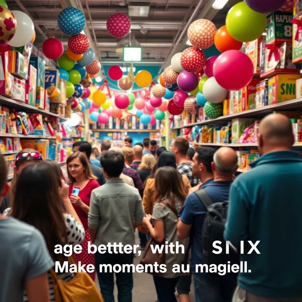 Busy party supply store filled with customer chatter and phone notifications. Caption: ‘Engage better with SNX. Make moments more magical.’