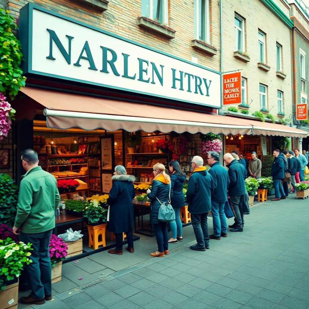 A bustling nursery shopfront with customers lining up for assistance